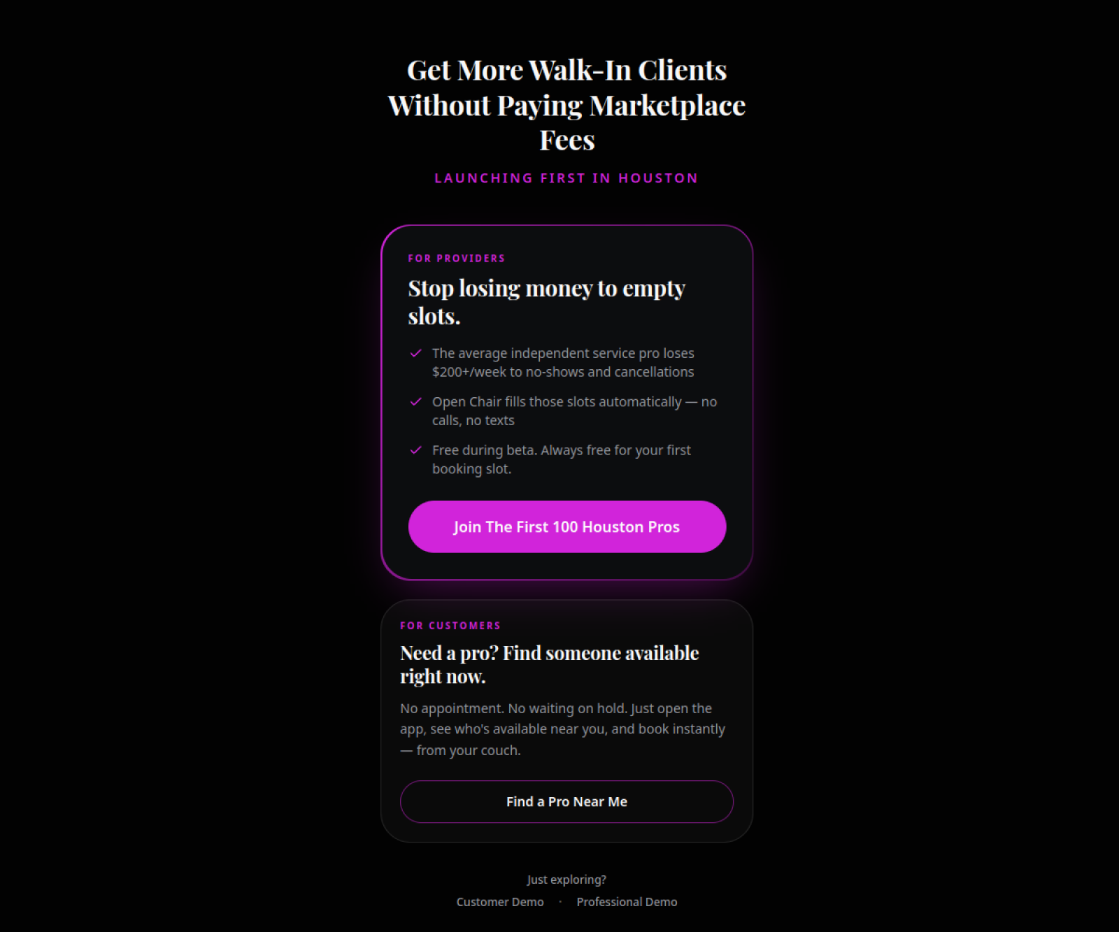 Open Chair real-time booking website